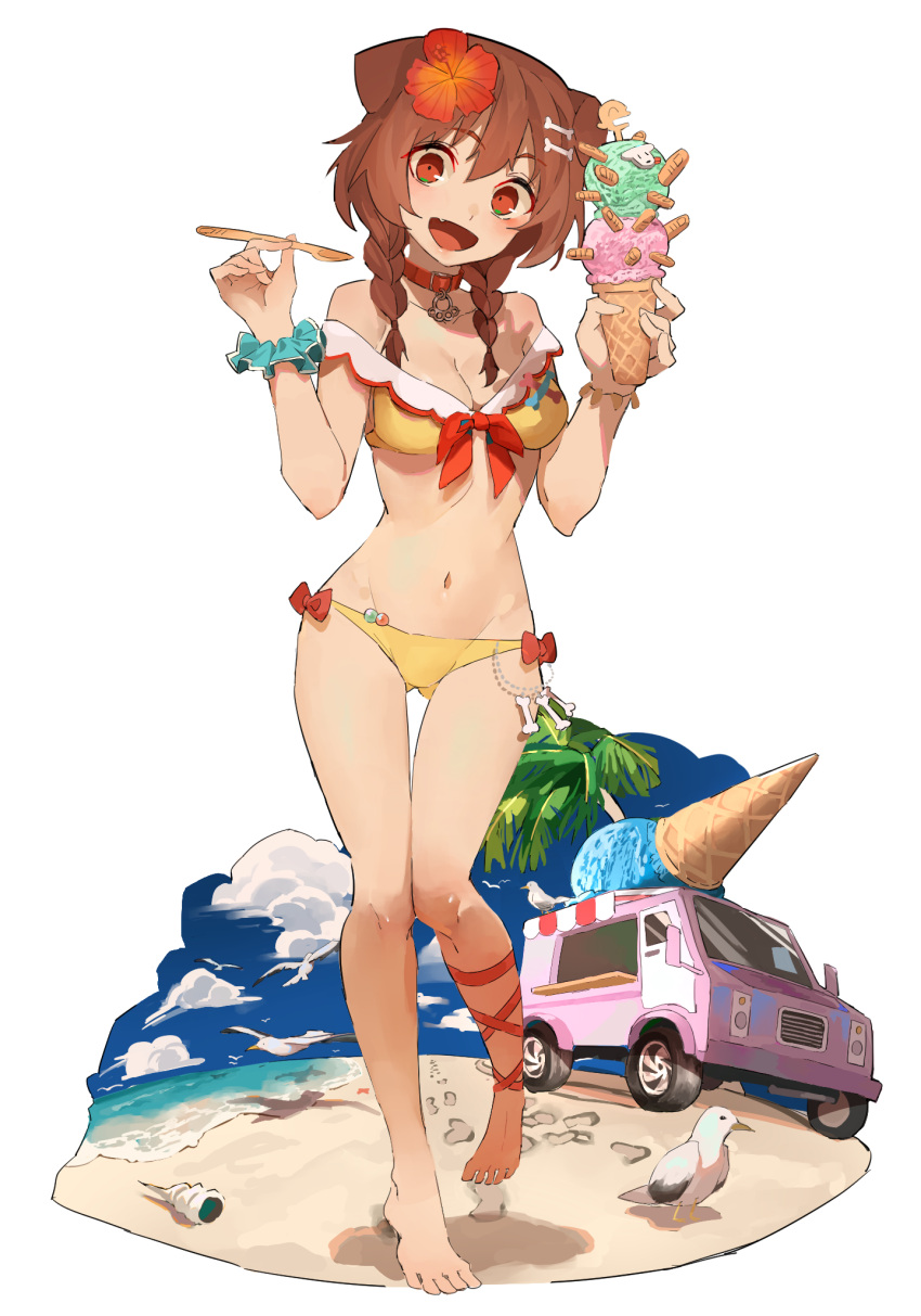 1girl :d adapted_costume animal_ears barefoot beach bikini bird bone_hair_ornament bow bracelet braid breasts brown_eyes brown_hair car cleavage cloud collar collarbone day dog_ears dog_girl fang flower food full_body groin hair_between_eyes hair_flower hair_ornament hibiscus highres holding holding_food holding_ice_cream hololive ice_cream ice_cream_cone inugami_korone jc_(pixiv_66949345) jewelry leg_ribbon long_hair looking_at_viewer low_twin_braids medium_breasts motor_vehicle navel open_mouth outdoors palm_tree red_bow red_collar red_eyes red_flower ribbon scrunchie seagull seashell shell simple_background skin_fang sky smile solo spoon standing standing_on_one_leg swimsuit tree truck twin_braids virtual_youtuber white_background wrist_scrunchie yellow_bikini