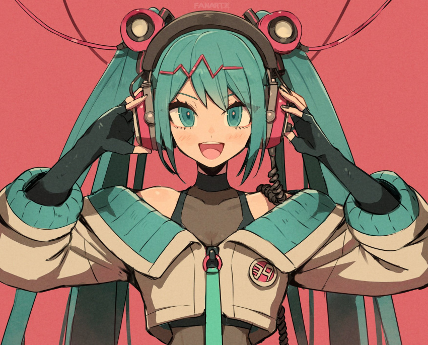 1girl :d alternate_costume aqua_eyes aqua_hair black_gloves breasts cable cropped_jacket fingerless_gloves gloves hair_ornament hands_on_headphones hatsune_miku headphones highres jacket kuroi_susumu long_hair looking_at_viewer miku_day off-shoulder_jacket off_shoulder open_mouth red_background simple_background sleeves_past_elbows smile solo straight-on twintails upper_body vocaloid white_jacket zipper_pull_tab