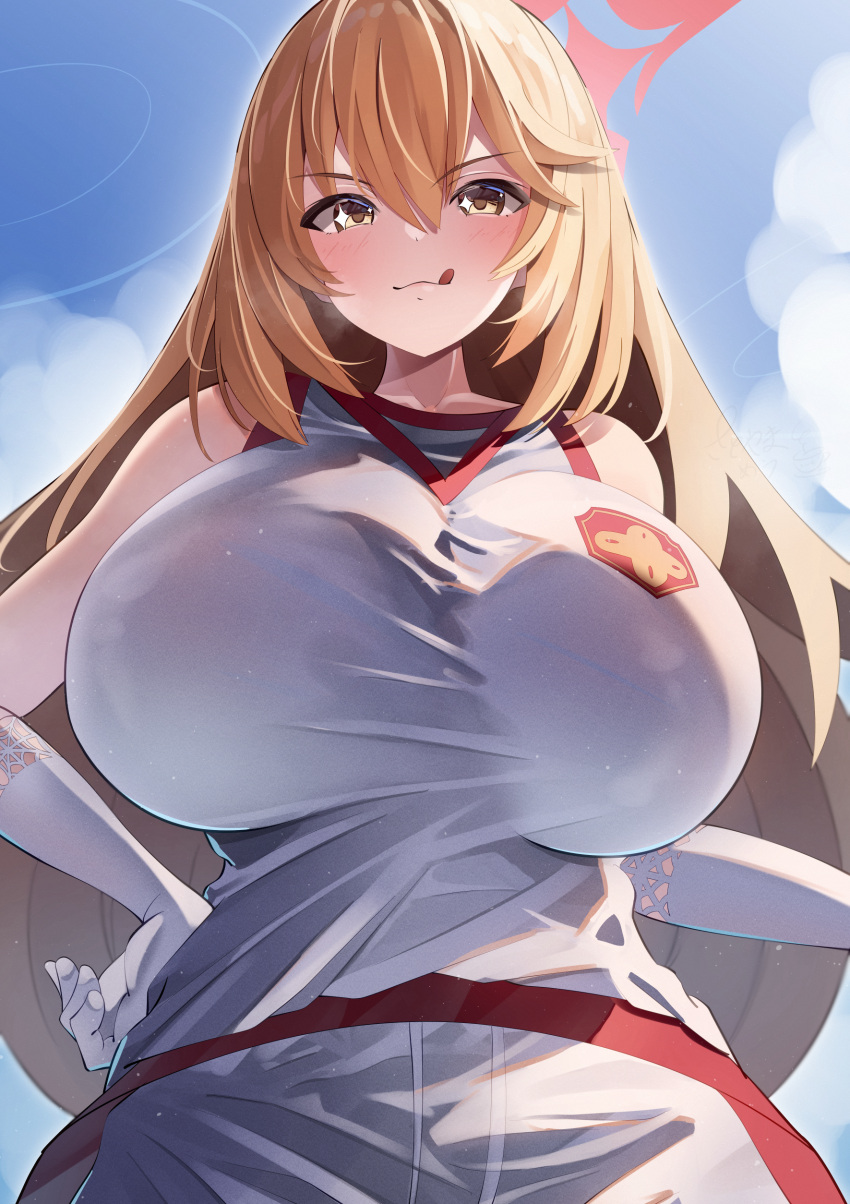 1girl :q absurdres bare_shoulders blonde_hair blue_archive blue_sky breasts commentary_request elbow_gloves gloves gym_shirt gym_shorts gym_uniform hair_between_eyes halo hand_on_own_hip highres huge_breasts long_hair looking_at_viewer outdoors pink_halo satoyama_meu school_emblem shirt shokuhou_misaki shorts silk sky sleeveless sleeveless_shirt sparkling_eyes spider_web star_halo toaru_kagaku_no_railgun toaru_majutsu_no_index tokiwadai_school_gym_uniform tongue tongue_out white_gloves white_shirt white_shorts yellow_eyes