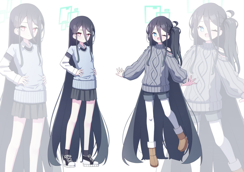 &lt;key&gt;_(blue_archive) 2girls 525_woiwo absurdly_long_hair absurdres aris_(blue_archive) black_hair black_shorts black_skirt blue_archive blue_eyes blush boots brown_footwear closed_mouth fur-trimmed_boots fur_trim green_halo grey_sweater halo highres long_hair long_sleeves multiple_girls one_eye_closed one_side_up open_mouth pantyhose pleated_skirt red_eyes shorts simple_background skirt smile sweater very_long_hair white_background white_pantyhose zoom_layer