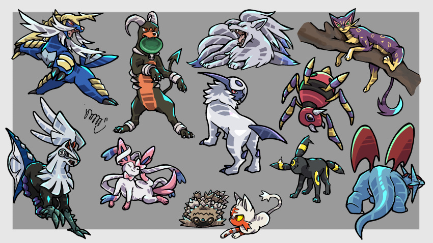 absol absurdres alolan_ninetales alternate_color ariados black_fur blue_skin border brown_eyes brown_fur bug cat claws colored_sclera colored_skin commentary_request dog facial_mark forehead_jewel forehead_mark frisbee green_eyes grey_background highres horns houndoom liepard litten meruru_gu multiple_tails no_humans open_mouth outside_border pokemon pokemon_(creature) prehensile_ribbon purple_eyes purple_fur red_eyes salamence samurott sharp_teeth shiny_pokemon silvally simple_background single_horn sitting sitting_on_branch snout spider standing sylveon tail teeth umbreon wavy_mouth whiskers white_border white_fur wings yawning yellow_sclera zigzagoon