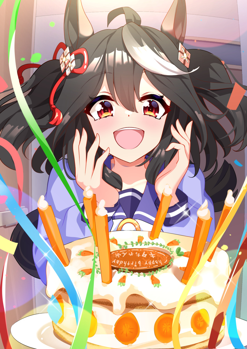 1girl absurdres ahoge animal_ears black_hair bow cake carrot carrot_cake commentary_request confetti ear_ornament food happy_birthday highres horse_ears horse_girl kitasan_black_(umamusume) long_sleeves open_mouth purple_shirt school_uniform shirt short_hair smile solo sunny_(20597521) teeth tracen_school_uniform two_side_up umamusume upper_body upper_teeth_only white_bow winter_uniform