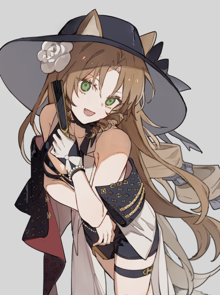 1girl :d animal_ears arknights bag bare_shoulders bead_bracelet beads black_headwear black_shorts bracelet breasts brown_hair cowboy_shot drill_hair drill_sidelocks ears_through_headwear ellygretta fang flower folded_fan folding_fan gloves green_eyes grey_background hair_flower hair_ornament hand_fan handbag hat highres holding holding_fan jewelry long_hair looking_at_viewer official_alternate_costume open_mouth parted_bangs shorts sidelocks simple_background smile solo standing swimsuit swire_(arknights) tail thigh_strap tiger_ears tiger_girl very_long_hair white_flower white_gloves