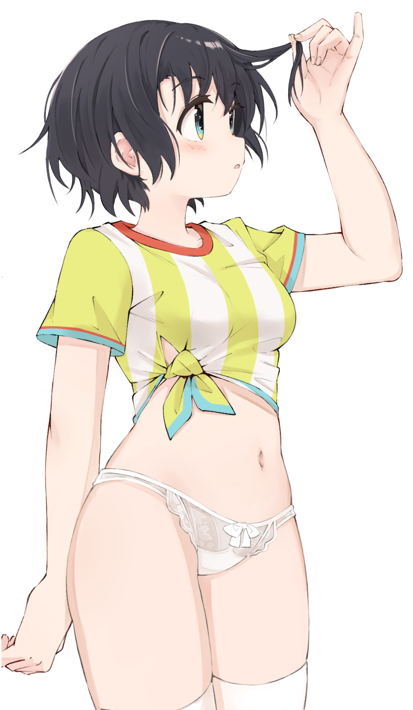 1girl adjusting_hair black_hair blush bow bow_panties breasts commentary_request cowboy_shot crotch_seam highres hololive k-go looking_to_the_side medium_breasts muffin_top navel no_pants oozora_subaru oozora_subaru_(1st_costume) panties revision shirt short_hair short_sleeves simple_background solo standing stomach striped_clothes striped_shirt thighhighs thighs tied_shirt underwear vertical-striped_clothes vertical-striped_shirt virtual_youtuber white_background white_panties white_thighhighs