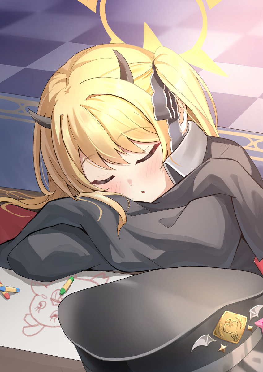 1girl absurdres artistic_error black_coat black_headwear black_horns blonde_hair blue_archive blush closed_eyes coat crayon demon_horns halo hat highres horns ibuki_(blue_archive) long_hair olecafe2 parted_lips peaked_cap peroro_(blue_archive) side_ponytail sleeping sleeves_past_fingers sleeves_past_wrists solo unworn_hat unworn_headwear yellow_eyes yellow_halo