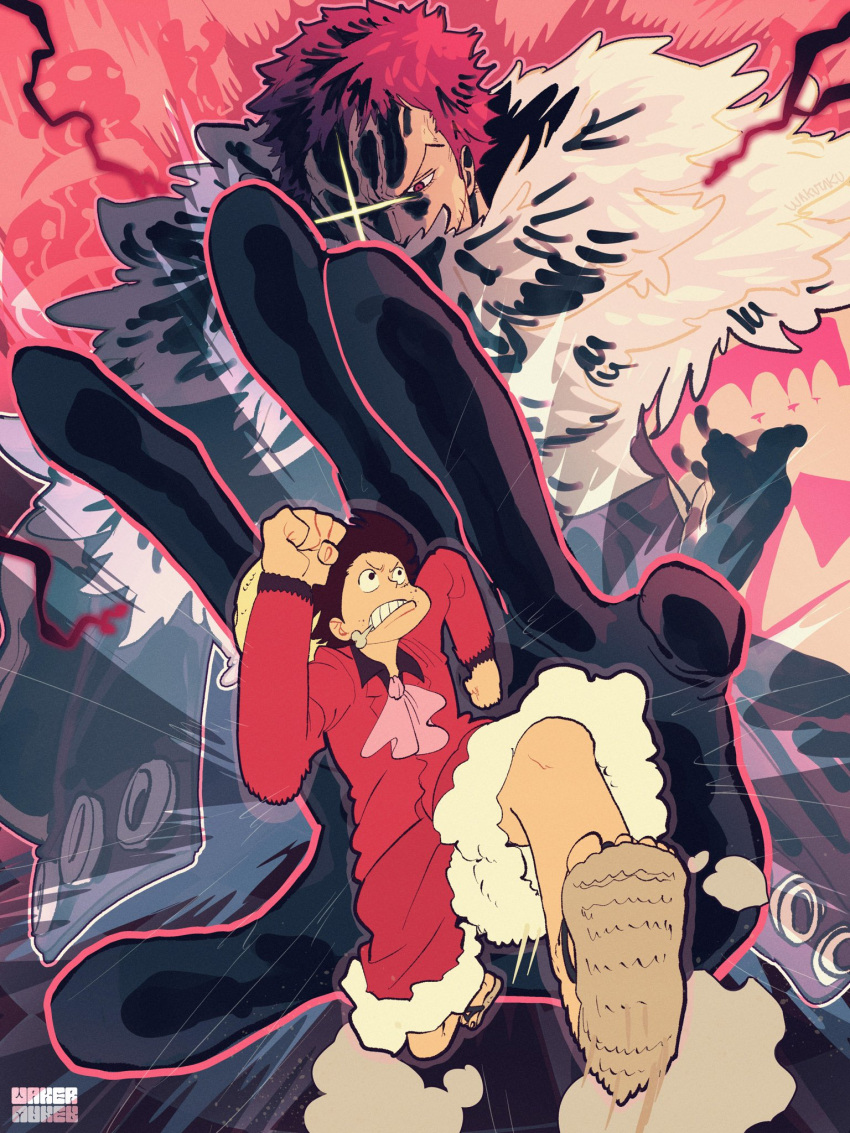 2boys arm_tattoo black_hair black_shirt charlotte_katakuri dutch_angle emphasis_lines facing_viewer fleeing foreshortening fur-trimmed_shorts fur_scarf fur_trim haki highres looking_at_another male_focus monkey_d._luffy multiple_boys one_piece outline outstretched_hand pink_background pink_hair pink_outline pink_theme red_suit running sandals sanpaku scarf shirt short_hair shorts size_difference suit taku_(aywakutakuay) tattoo teeth v-shaped_eyebrows very_short_hair