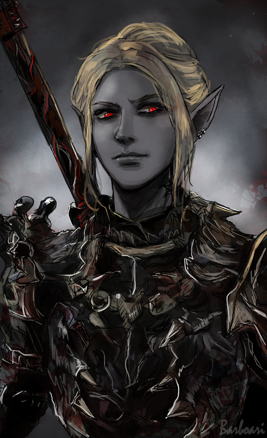 1girl absurdres armor artist_name baldur's_gate baldur's_gate_3 barbozari blonde_hair breastplate colored_skin commentary dark_elf dungeons_and_dragons ear_piercing elf english_commentary glowing glowing_eyes grey_background grey_skin hair_bun highres looking_to_the_side minthara neck_tattoo pauldrons piercing pointy_ears red_eyes short_hair shoulder_armor sideways_glance simple_background single_hair_bun solo tattoo upper_body weapon weapon_on_back