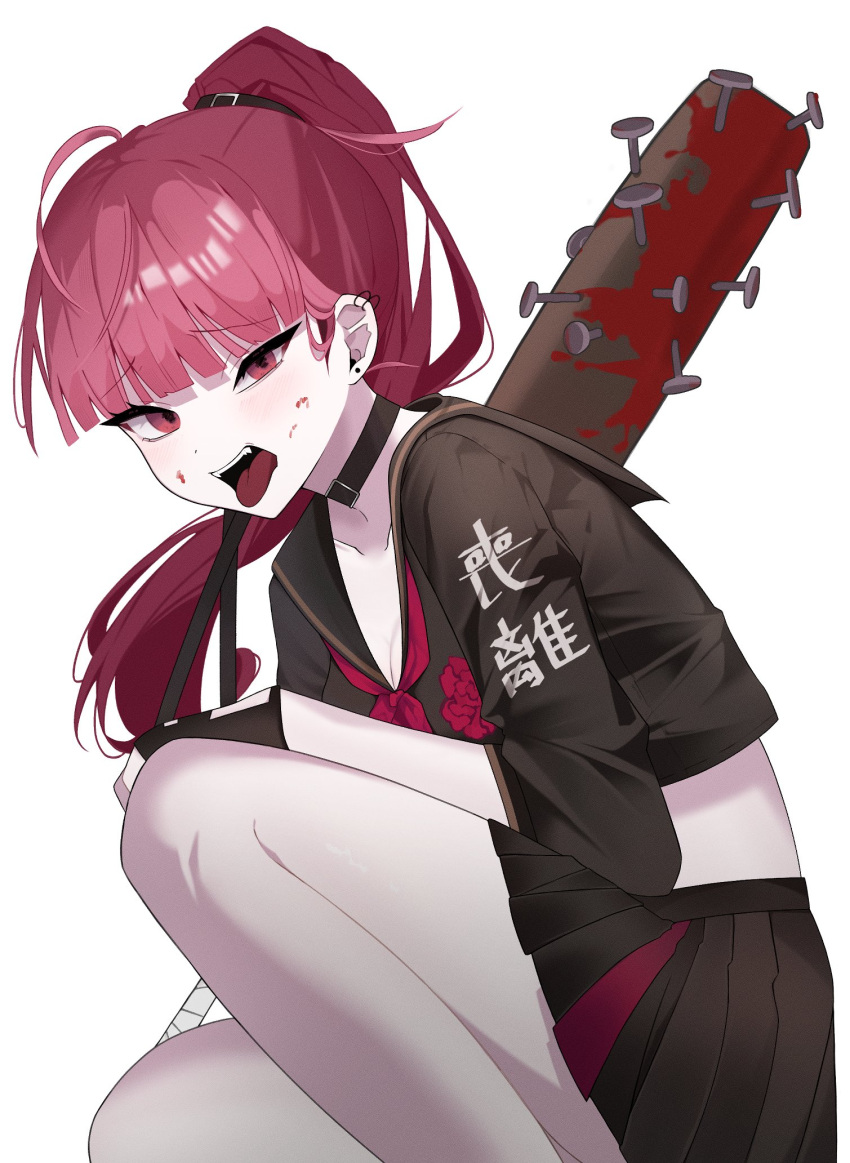 1girl alternate_costume black_serafuku black_skirt blood blood_on_face blood_on_weapon choker delinquent ear_piercing hand_on_own_knee highres hololive hololive_english looking_at_viewer mori_calliope piercing pink_hair pleated_skirt ponytail red_eyes school_uniform serafuku skirt spiked_bat squatting tongue tongue_out uneven_eyes virtual_youtuber weapon yufu