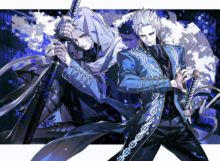 1boy blue_coat blue_eyes closed_mouth coat devil_may_cry_(series) fingerless_gloves gloves hair_slicked_back highres holding holding_sword holding_weapon katana looking_at_viewer male_focus non-web_source solo sword vergil_(devil_may_cry) weapon white_hair yamato_(sword)