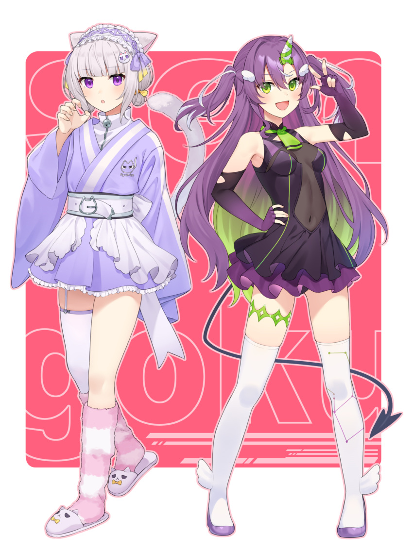 2girls :d :o amanogawa_neru animal_ears arm_up black_dress black_gloves boots breasts cat_ears cat_girl cat_tail character_request commentary_request covered_navel demon_tail double_bun dress elbow_gloves fingerless_gloves garter_straps gloves gradient_gloves gradient_hair green_eyes green_hair grey_footwear grey_hair hair_bun highres horns japanese_clothes kimono kneehighs long_sleeves mosomoso multicolored_hair multiple_girls obi parted_lips pleated_dress purple_eyes purple_gloves purple_hair purple_kimono re-ply red_background sash single_horn single_thighhigh sleeveless sleeveless_dress slippers small_breasts smile socks striped_clothes striped_socks tail text_background thigh_boots thighhighs two-tone_background two-tone_hair two_side_up virtual_youtuber white_background white_footwear white_thighhighs wide_sleeves wing_hair_ornament