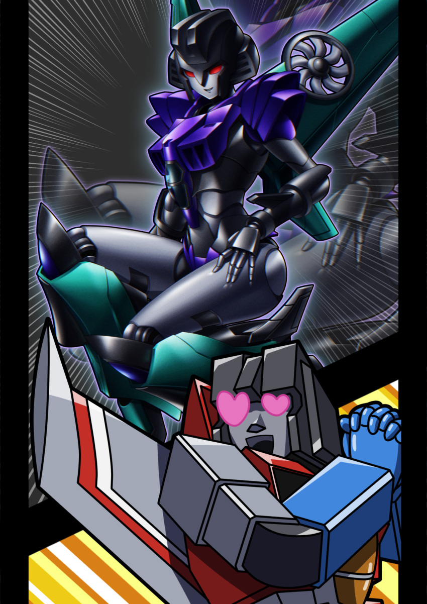 1boy 1girl armor boots breasts chiyoko_(chokochokotto) colored_skin curvy decepticon grey_skin heart heart-shaped_pupils helmet highres mecha mechanical_wings robot shoulder_armor slipstream_(transformers) starscream symbol-shaped_pupils transformers wings