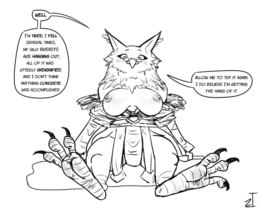 anthro areola avian avian_feet barefoot big_breasts bird breasts cleavage clothed clothing confusion curvy_figure dialogue digital_media_(artwork) english_text exposed_breasts feathers feet female hi_res holding_object jumprope nipples off_shoulder owl ramona_(unicorn_overlord) robe sitting sketch talons text toes wardrobe_malfunction wide_hips zeusinvert