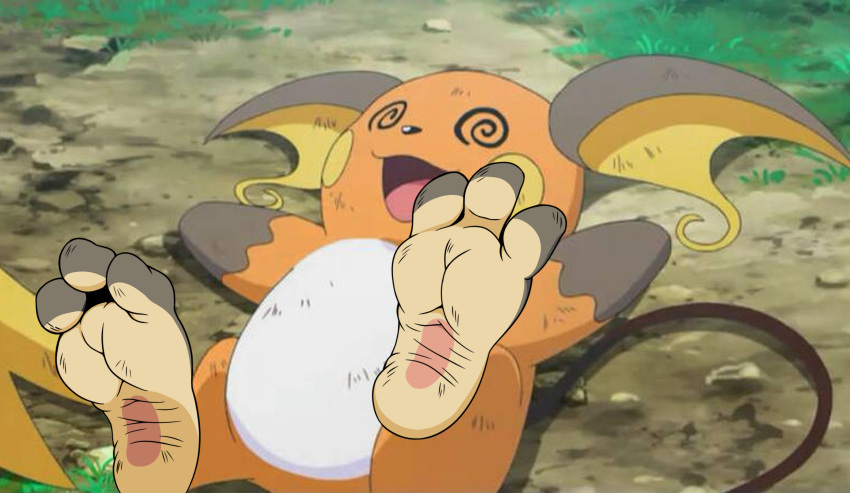 3_toes ambiguous_gender dirty_feet fainted feet feral foot_fetish foot_focus generation_1_pokemon hi_res lying mhicky93 nintendo on_back paws pokemon pokemon_(species) raichu soles solo spiral_eyes third-party_edit toes