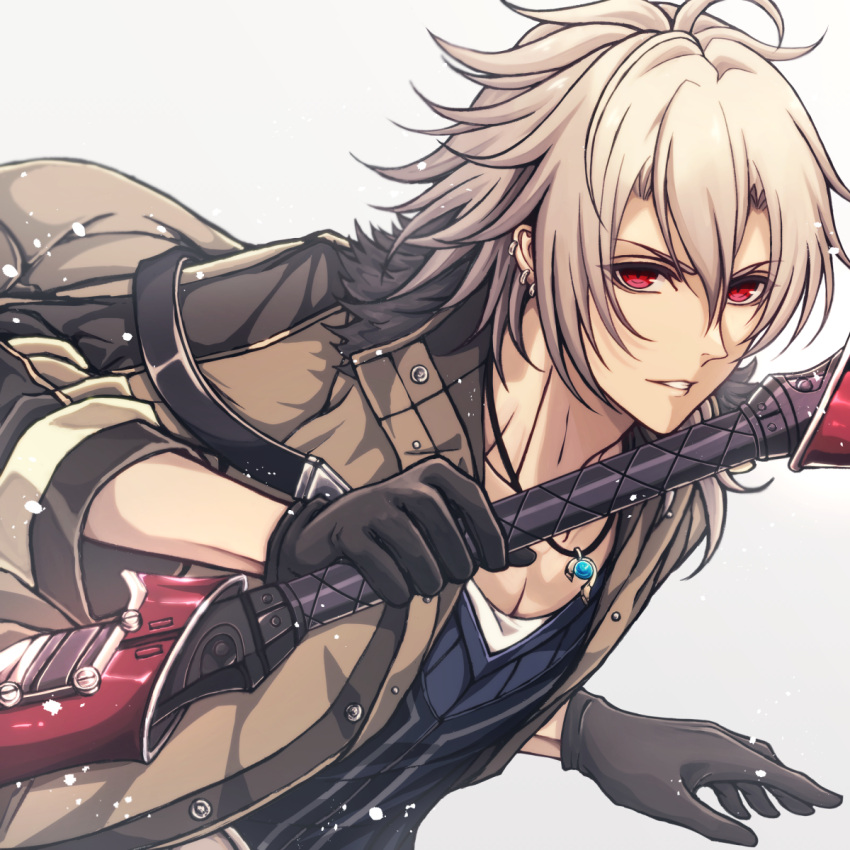 1boy ahoge black_gloves coat crow_armbrust double-parted_bangs eiyuu_densetsu gloves hair_between_eyes hajimari_no_kiseki highres holding holding_weapon jewelry looking_at_viewer open_clothes open_coat pendant red_eyes sen_no_kiseki sen_no_kiseki_iv short_hair simple_background snow solo weapon white_background white_hair yukiko_(leovioykk)