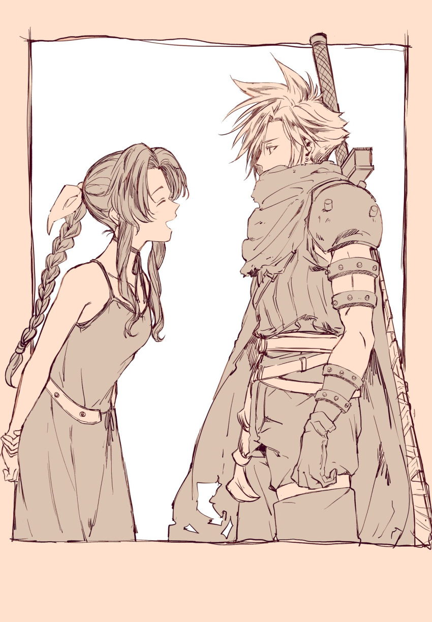 1boy 1girl aerith_gainsborough armor arms_behind_back bandages belt braid braided_ponytail breasts buster_sword choker cloak closed_eyes cloud_strife dress final_fantasy final_fantasy_vii hair_ribbon highres kingdom_hearts leaning_forward long_hair looking_at_another loose_belt medium_breasts multiple_belts official_alternate_costume oishiioniku1129 open_mouth parted_bangs ribbon ribbon_choker sepia short_hair shoulder_armor sidelocks single_braid sleeveless sleeveless_dress smile spiked_hair thigh_strap torn_cloak torn_clothes weapon weapon_on_back white_background