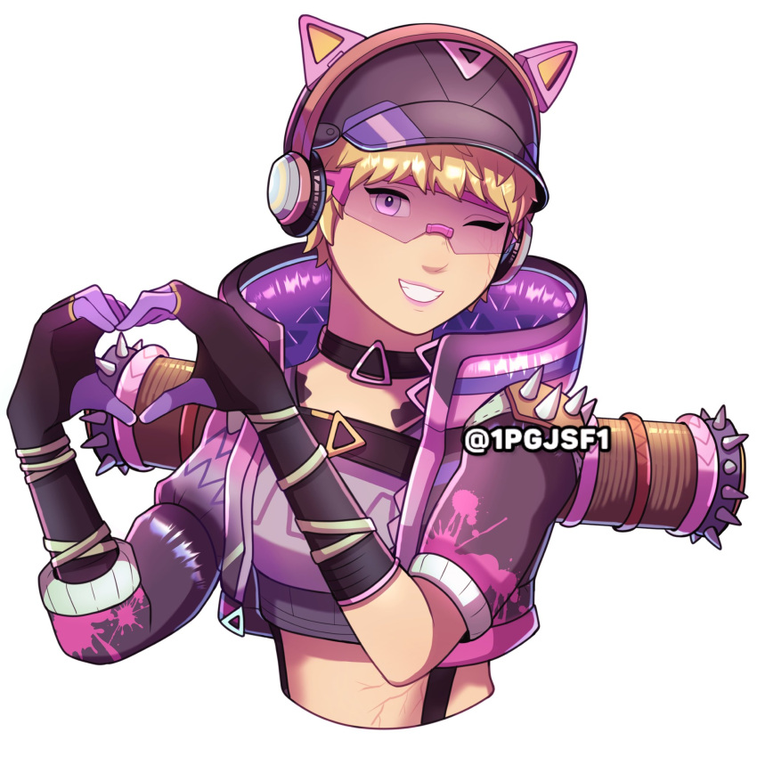 1girl animal_ear_headphones animal_ears animification apex_legends baseball_cap black_choker black_gloves black_headwear blonde_hair cat_ear_headphones choker commission cropped_shirt english_commentary fake_animal_ears gloves hat headphones heart heart_hands highres jacket kawaii_kitty_wattson official_alternate_costume one_eye_closed pipa_(1pgjsf1) purple-tinted_eyewear purple_eyes purple_jacket purple_shirt shirt short_hair shoulder_spikes smile solo spikes sunglasses tinted_eyewear twitter_username wattson_(apex_legends) white_background