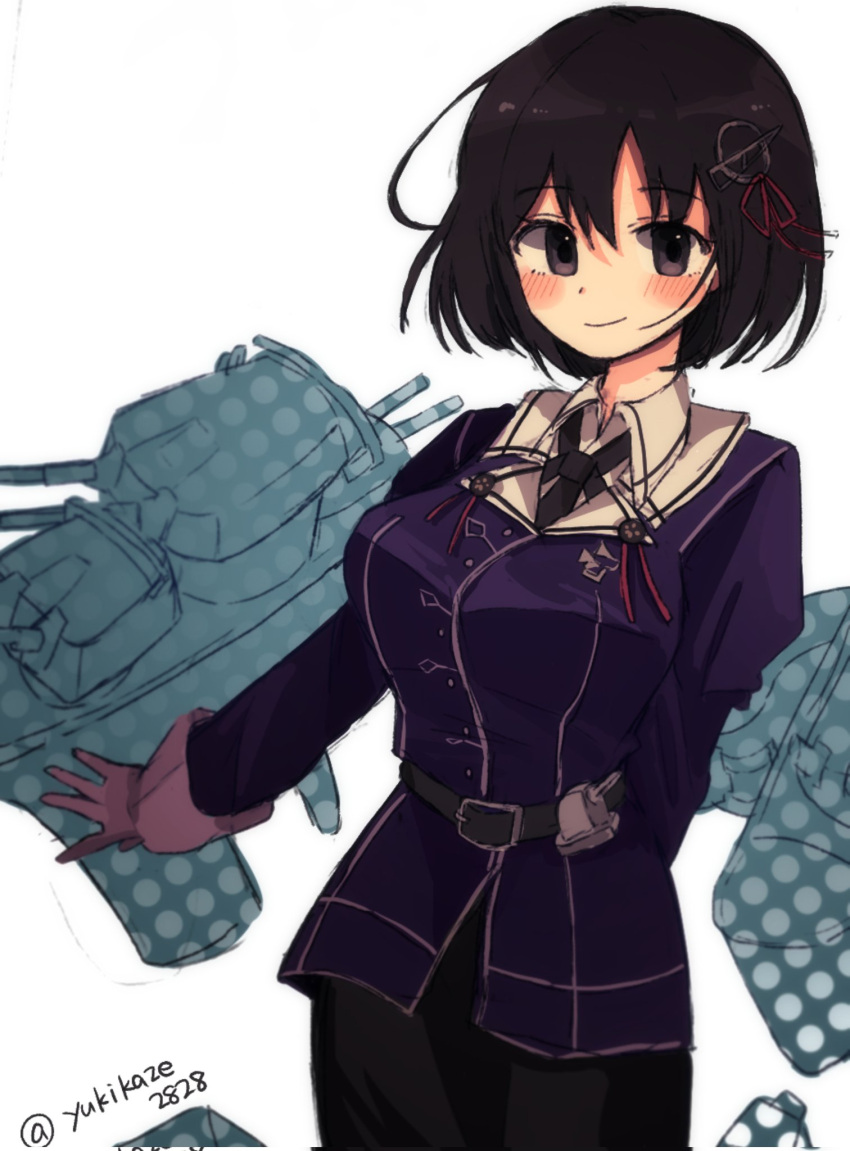 1girl arm_behind_back black_hair black_skirt blush breasts corrupted_twitter_file gloves haguro_(kancolle) haguro_kai_ni_(kancolle) hair_between_eyes hair_ornament highres jacket kantai_collection long_sleeves looking_at_viewer military_uniform one-hour_drawing_challenge purple_jacket rigging short_hair simple_background skirt smile solo uniform white_background white_gloves yukikaze2828