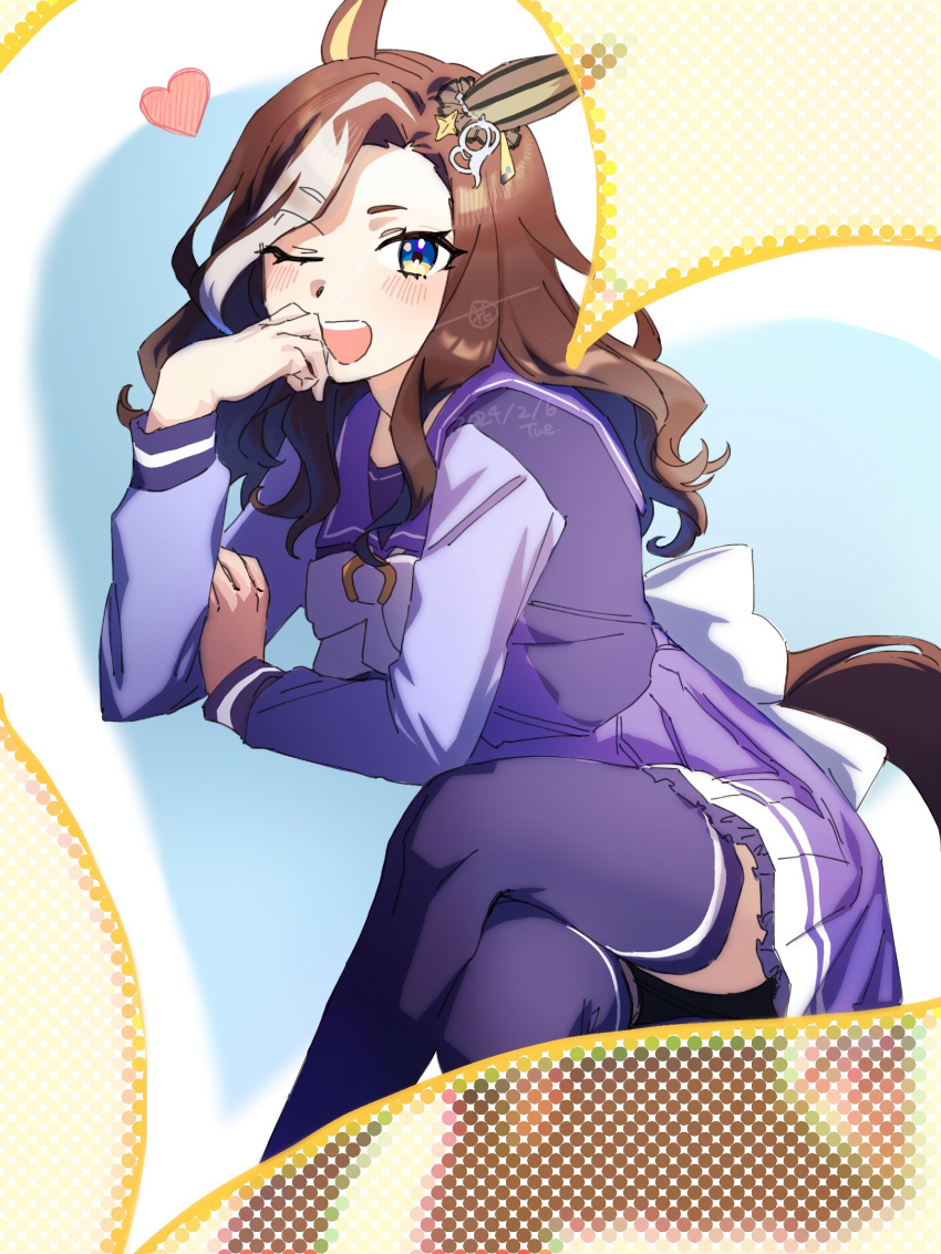 1girl animal_ears artist_logo blue_eyes blush bow bowtie brown_hair crossed_legs daring_heart_(umamusume) dated ear_covers feet_out_of_frame heart highres horse_ears horse_girl horse_tail invisible_chair long_hair long_sleeves looking_at_viewer multicolored_hair omotil one_eye_closed open_mouth purple_shirt purple_thighhighs sailor_collar school_uniform shirt single_ear_cover sitting smile solo streaked_hair tail thighhighs tracen_school_uniform umamusume watermark