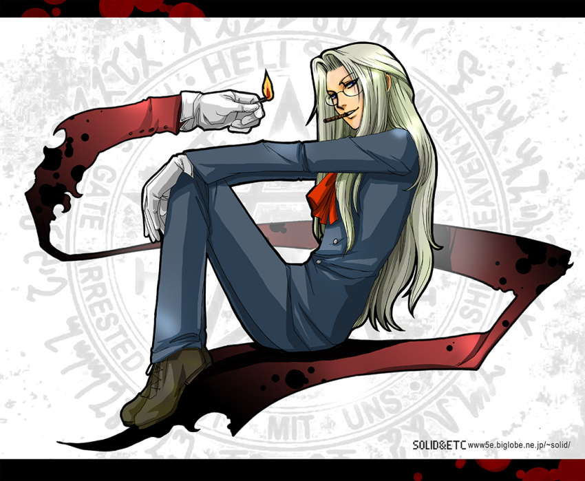 1girl artist_name ascot black_jacket black_pants blonde_hair blue_eyes brown_footwear cigar disembodied_limb from_side glasses gloves hellsing holding_matchstick integra_hellsing jacket pants red_ascot shoes sitting smile smoking toshimichi_yukari web_address white_gloves