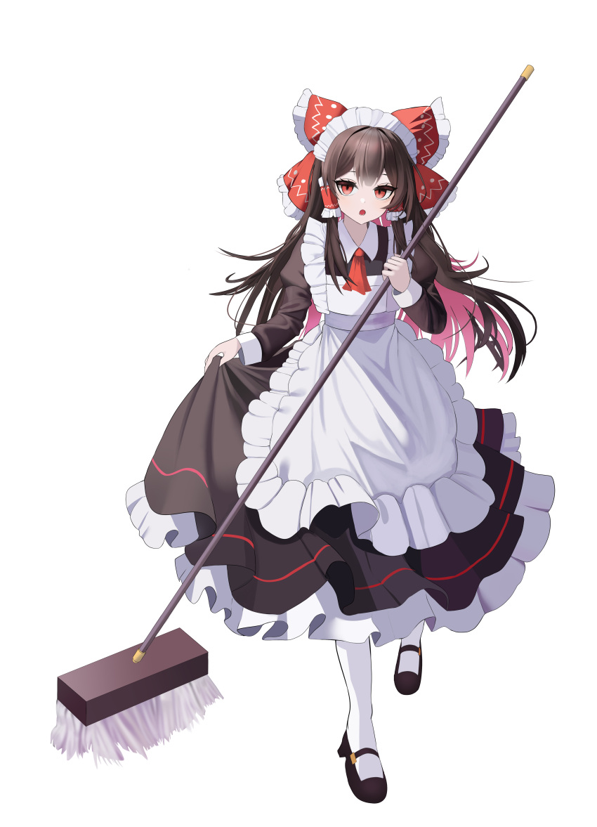 1girl absurdres alternate_costume apron ascot black_footwear bow brown_hair enmaided frilled_bow frilled_hair_tubes frills full_body hair_bow hair_tubes hakurei_reimu highres holding holding_mop long_hair long_sleeves looking_at_viewer maid maid_apron maid_headdress mop open_mouth red_ascot red_bow red_eyes skirt_hold solo touho_0505 touhou very_long_hair white_apron