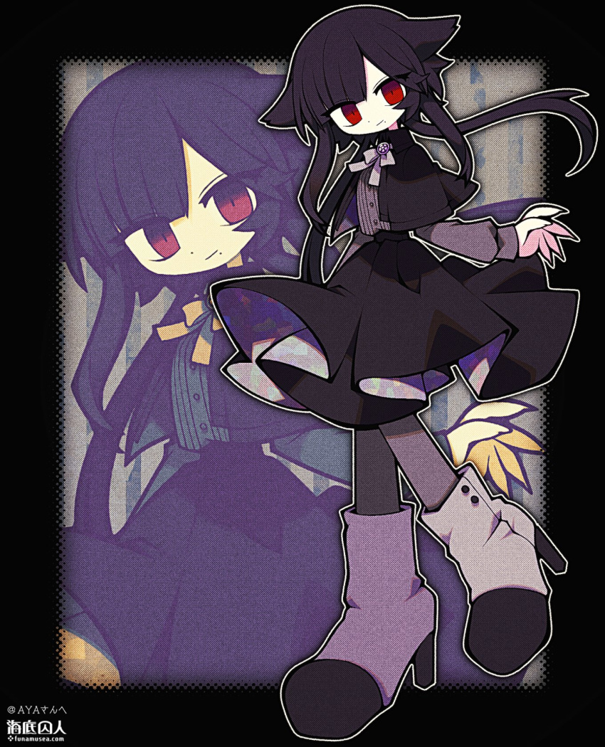 1girl animal_ears artist_name black_capelet black_hair black_skirt boots buttons capelet closed_mouth colored_skin commission commissioner_name ears_down funamusea_(artist) grey_pantyhose grey_shirt highres looking_to_the_side low_twintails mole mole_under_mouth original outline pantyhose red_eyes ribbon shirt sidelocks skeb_commission skirt smile solo striped_clothes striped_shirt twintails vertical-striped_clothes vertical-striped_shirt web_address white_footwear white_outline white_ribbon white_skin zoom_layer