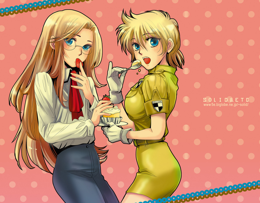 2girls ascot blonde_hair blue_eyes blue_pants breasts commentary_request cupcake eating emblem flat_chest food fruit glasses gloves hellsing holding holding_food integra_hellsing large_breasts long_hair medium_hair miniskirt multiple_girls open_mouth pants pencil_skirt polka_dot polka_dot_background red_ascot seras_victoria skirt strawberry toshimichi_yukari white_gloves yellow_skirt