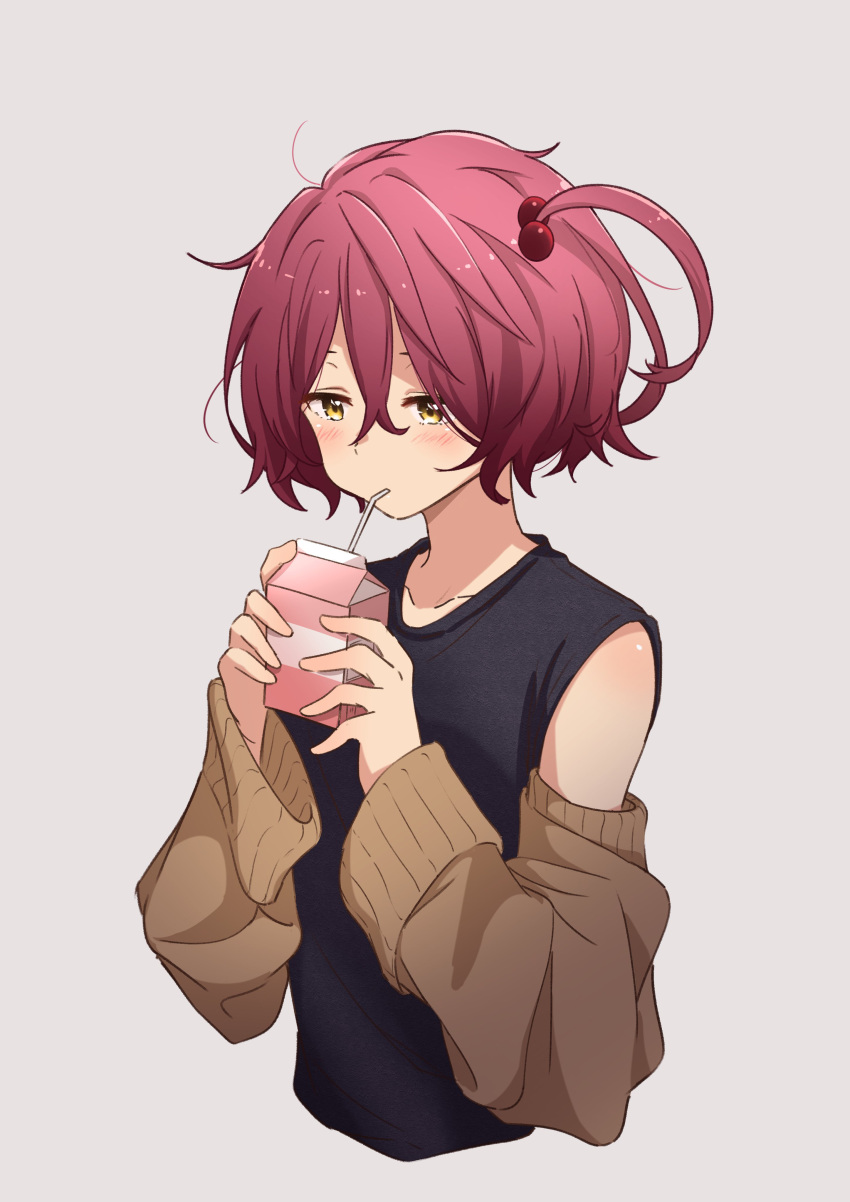 1girl absurdres black_tank_top blush commentary detached_sleeves drinking_straw drinking_straw_in_mouth flat_chest grey_background hair_tie highres holding_carton jitome komari_chika make_heroine_ga_oo_sugiru! messy_hair milk_carton nishizuki_shino red_hair short_hair side_ponytail simple_background solo solo_focus tank_top upper_body v-bangs yellow_eyes