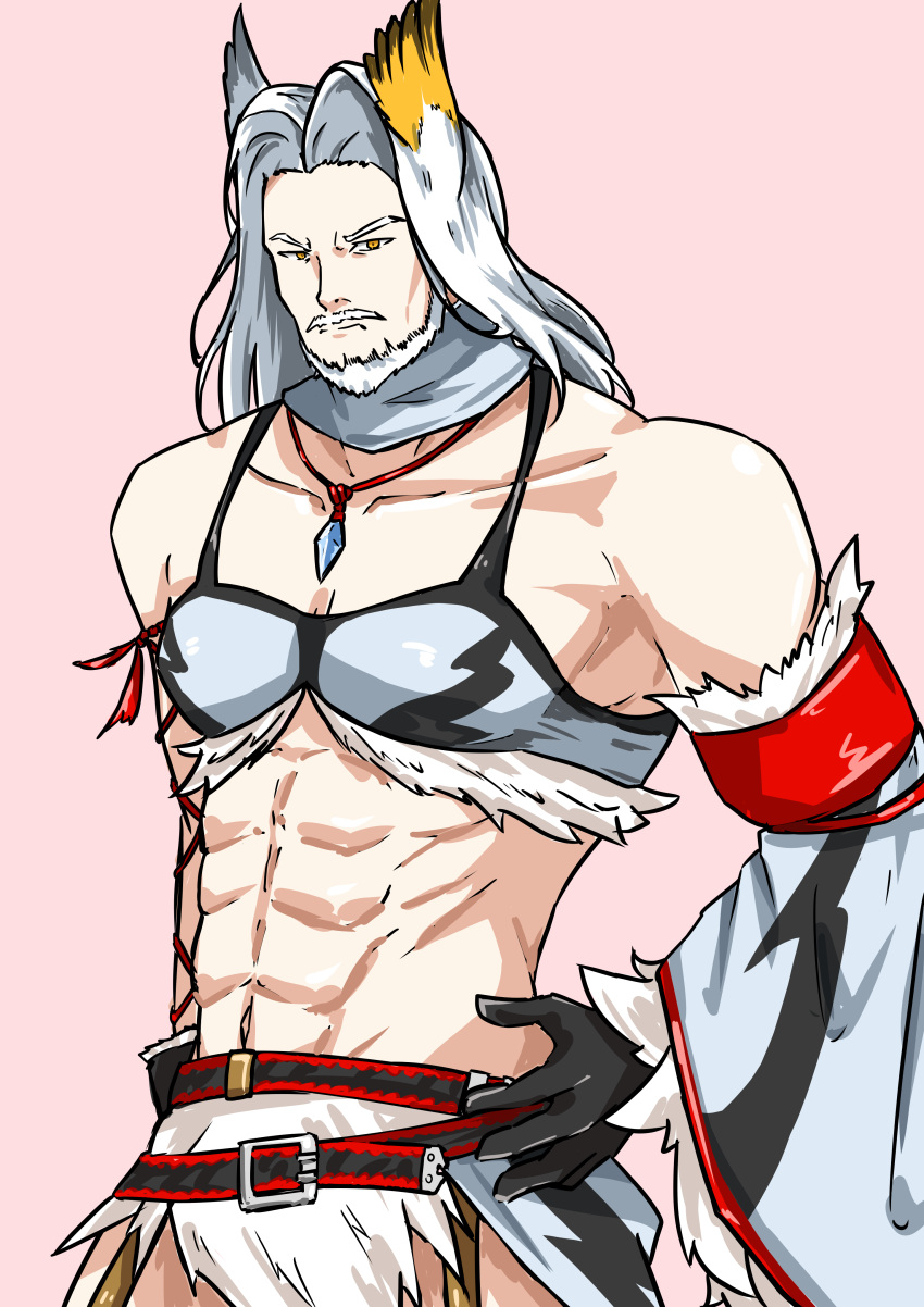 1boy abs absurdres arknights bare_shoulders beard black_gloves brown_eyes collarbone commentary_request crossdressing detached_sleeves facial_hair forehead gloves grey_hair grey_sleeves hand_on_own_hip hellagur_(arknights) highres kirin_(armor) long_hair long_sleeves male_focus monster_hunter_(series) mustache navel parted_bangs pink_background simple_background solo wide_sleeves xibu_cai