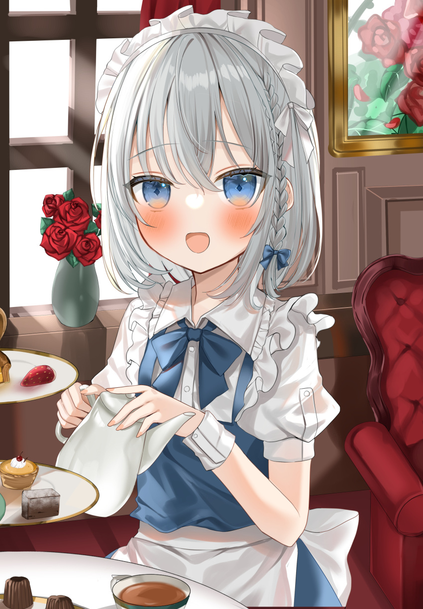 1girl absurdres aged_down apron blue_bow blue_bowtie blue_eyes blush bow bowtie braid child commentary_request couch cup dessert diamond-shaped_pupils diamond_(shape) flower food grey_hair hair_bow highres holding holding_teapot izayoi_sakuya looking_at_viewer maid maid_apron maid_headdress medium_hair okome2028 open_mouth painting_(object) picture_frame puffy_short_sleeves puffy_sleeves red_flower red_rose rose shadow short_sleeves single_braid smile solo symbol-shaped_pupils tea teacup teapot touhou vase waist_apron white_apron wrist_cuffs