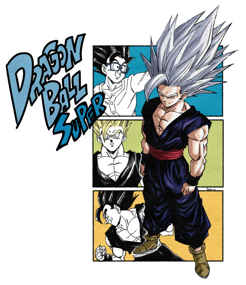 1boy absurdres artist_name big_hair black_hair clenched_hand clenched_teeth copyright_name derivative_work dougi dragon_ball dragon_ball_super dragon_ball_super_super_hero fenyon full_body glasses gohan_beast grey_hair highres male_focus multiple_views red_eyes red_sash sash son_gohan spiked_hair standing super_saiyan teeth