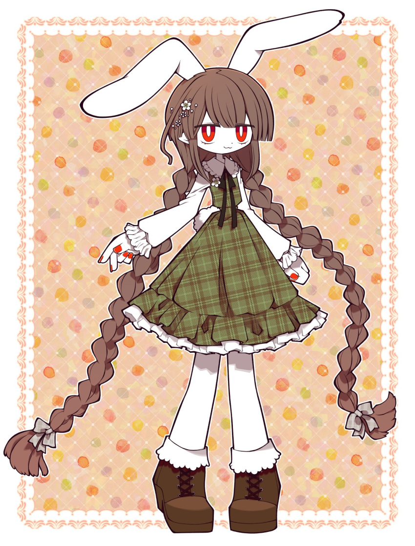 1boy :3 animal_ears black_ribbon boots border braid bright_pupils brown_footwear collared_dress colored_skin dress flower frilled_dress frills full_body funamusea funamusea_(artist) green_dress hair_flower hair_ornament highres long_braid long_hair looking_at_viewer male_focus orange_background otoko_no_ko outline patterned_background plaid plaid_dress pointy_ears prune_(funamusea) rabbit_ears rabbit_tail red_eyes red_nails ribbon sidelocks smug solo standing tail thighhighs twin_braids very_long_hair white_border white_flower white_outline white_pupils white_skin white_sleeves white_thighhighs