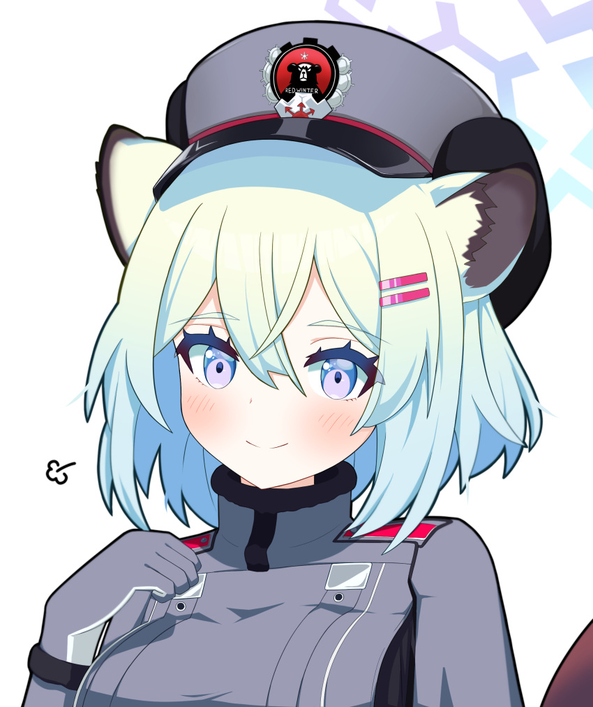 1girl absurdres animal_ear_fluff animal_ears blue_archive blush breasts closed_mouth commentary_request gloves green_hair grey_gloves grey_headwear grey_jacket hair_between_eyes hair_ornament hairclip halo hand_up hat highres jacket looking_at_viewer medium_breasts peaked_cap purple_eyes shigure_(blue_archive) simple_background smile solo sprout_(haji_s) upper_body white_background