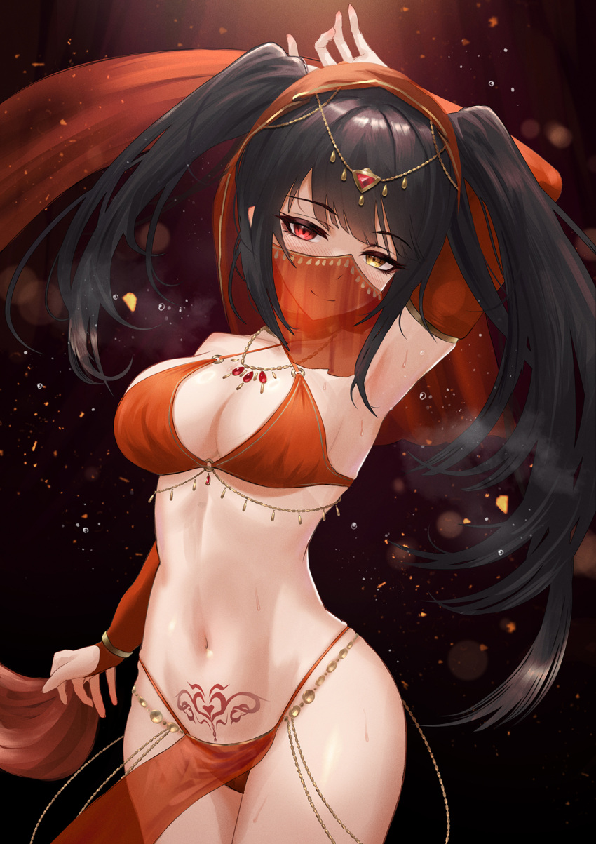 1girl alternate_costume arabian_clothes arm_up armpits bare_shoulders bikini black_hair bracelet breasts bridal_gauntlets cleavage dancer date_a_live earrings gino_(gino_h) harem_outfit heterochromia highres jewelry long_hair midriff navel pelvic_curtain pubic_tattoo red_eyes smile solo swimsuit tattoo tokisaki_kurumi twintails veil yellow_eyes