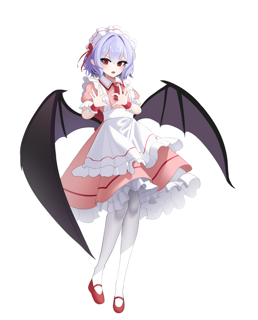 1girl absurdres alternate_costume alternate_headwear apron ascot bat_wings blush commentary enmaided fangs heart heart_hands highres looking_at_viewer maid maid_apron maid_headdress open_mouth puffy_short_sleeves puffy_sleeves purple_hair red_ascot red_eyes red_footwear remilia_scarlet short_hair short_sleeves simple_background solo touho_0505 touhou white_apron white_background wings wrist_cuffs