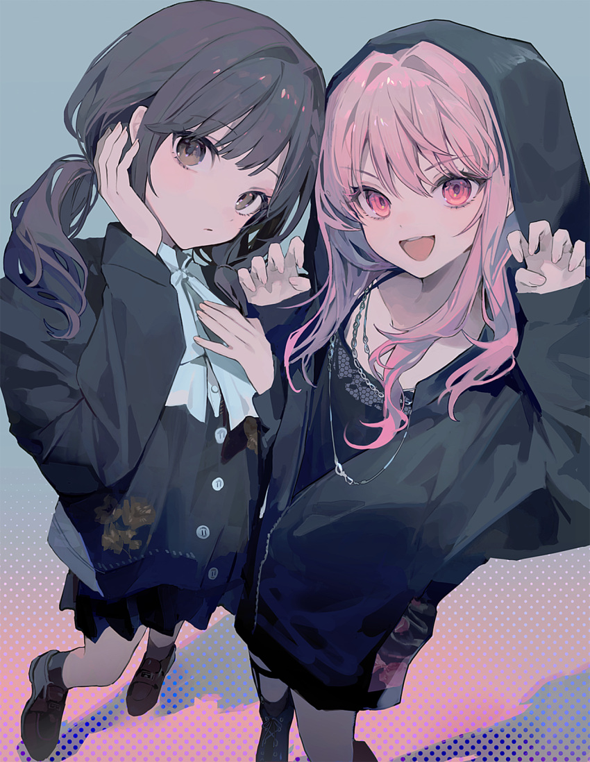 1girl 1other 25-ji_nightcord_de._(project_sekai) akiyama_mizuki black_jacket black_skirt brown_eyes brown_hair closed_mouth highres hood hood_up hooded_jacket jacket jewelry long_hair long_sleeves looking_at_viewer necklace nenecrepe open_mouth paw_pose pink_eyes pink_hair pleated_skirt project_sekai shinonome_ena skirt twintails