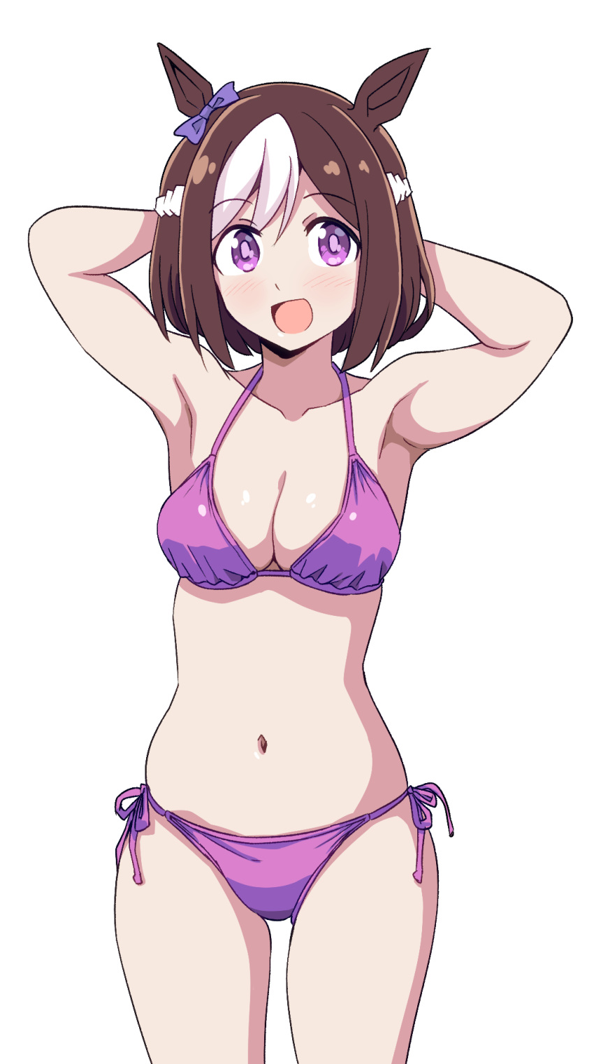 1girl animal_ears armpits arms_behind_head bikini bow braid breasts brown_hair cleavage ear_bow ear_ribbon french_braid highres horse_ears horse_girl horse_tail medium_breasts multicolored_hair ponzu_rui purple_bikini purple_bow purple_eyes short_hair side-tie_bikini_bottom simple_background smile solo special_week_(umamusume) standing swimsuit tail two-tone_hair umamusume white_background white_hair