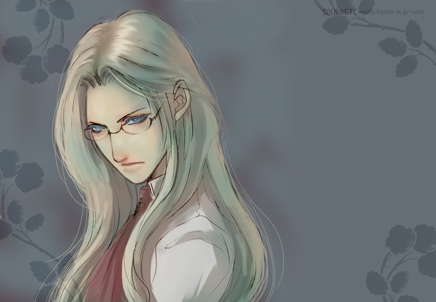 1girl ascot blonde_hair blue_eyes forehead from_side glasses grey_background hellsing integra_hellsing long_hair looking_at_viewer portrait red_ascot serious solo toshimichi_yukari