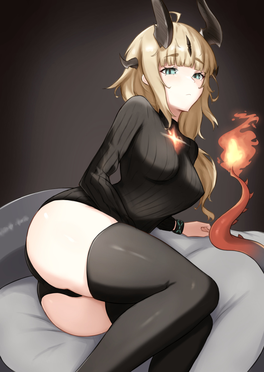 1girl arknights ass black_background black_panties black_sweater black_thighhighs blonde_hair blue_eyes commentary fangs_(fangs_art) feet_out_of_frame highres horns long_hair long_sleeves looking_at_viewer no_pants panties reed_(arknights) ribbed_sweater solo sweater thighhighs thighs underwear