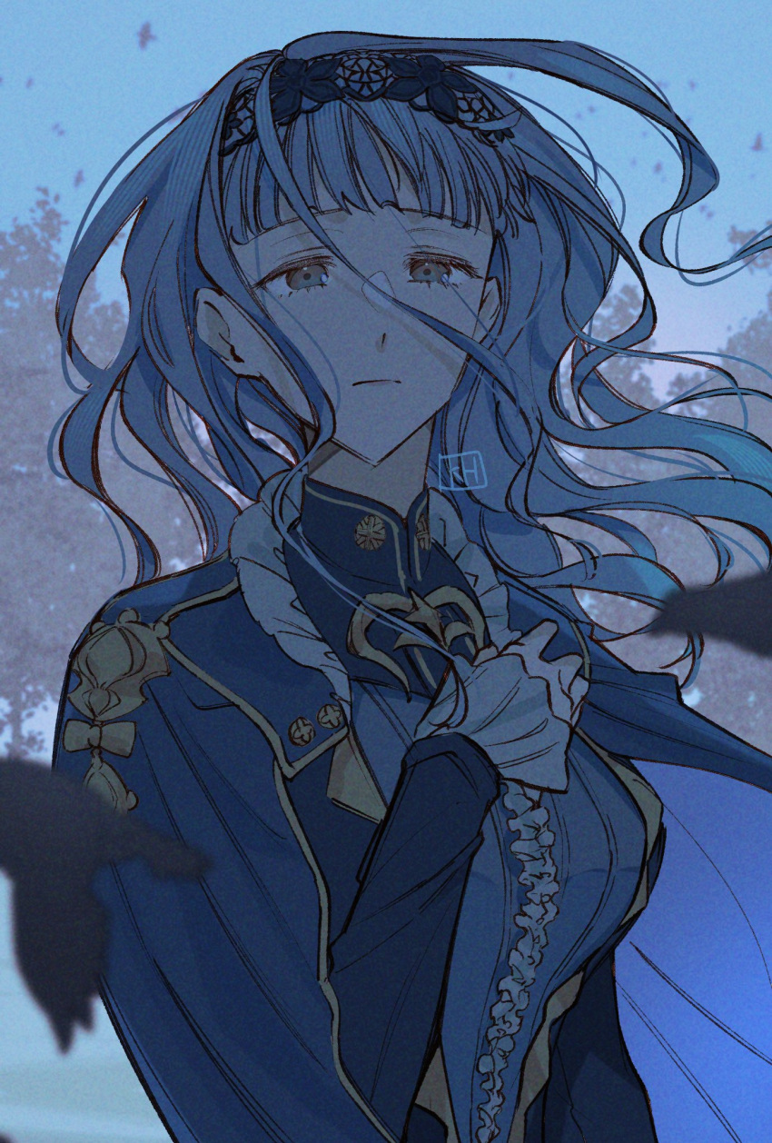 1girl blue_dress blue_hair blue_hairband brown_eyes center_frills closed_mouth dress fire_emblem fire_emblem:_three_houses fire_emblem_warriors:_three_hopes floating_hair frills hairband highres kh_(tanakananataka) lace-trimmed_hairband lace_trim long_hair long_sleeves looking_at_viewer marianne_von_edmund mixed-language_commentary official_alternate_costume official_alternate_hairstyle solo