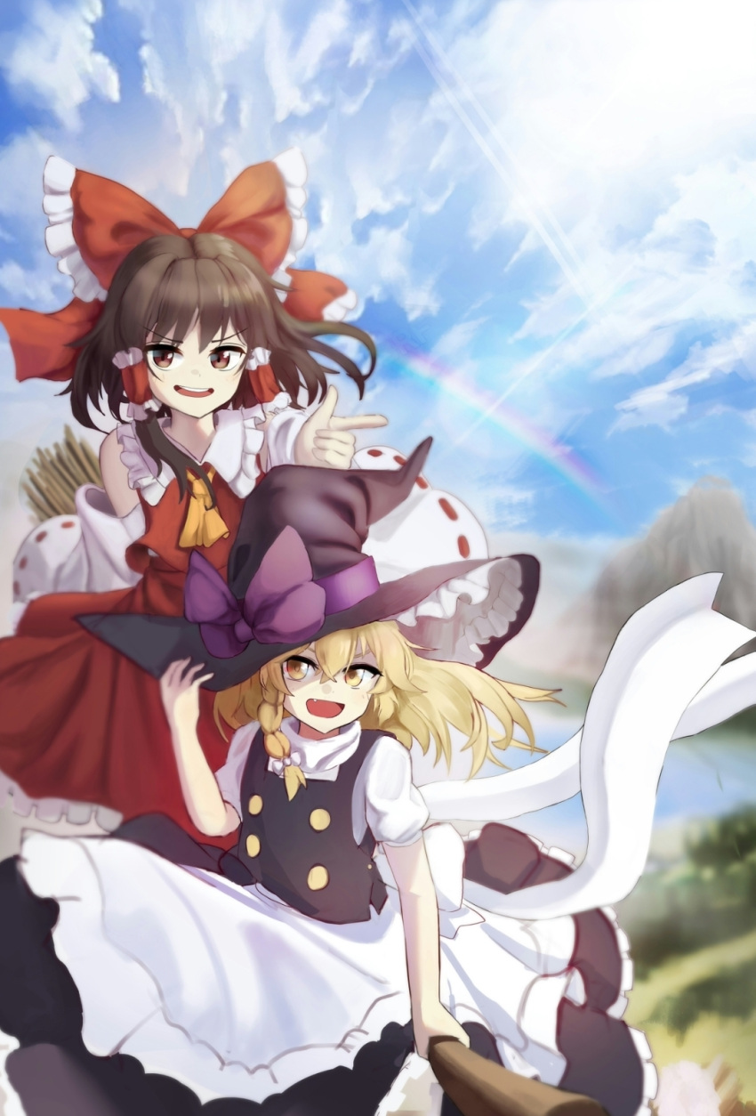 2girls apron ascot black_vest blonde_hair bow braid broom broom_riding brown_eyes brown_hair cloud cloudy_sky commentary day detached_sleeves frilled_bow frilled_hair_tubes frills hair_bow hair_tubes hakurei_reimu hand_on_headwear hat hat_bow highres kirisame_marisa long_hair multiple_girls multiple_riders open_mouth outdoors pointing purple_bow rainbow red_bow red_skirt ribbon-trimmed_sleeves ribbon_trim short_sleeves side_braid single_braid skirt skirt_set sky smile touho_0505 touhou vest waist_apron white_apron white_bow witch_hat yellow_ascot yellow_eyes