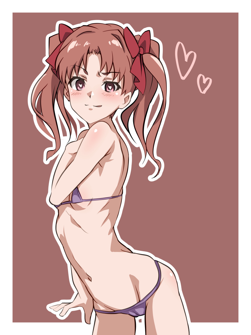 1girl absurdres bikini brown_background brown_eyes brown_hair cameltoe commission cowboy_shot heart heart-shaped_pupils highres long_hair micro_bikini mrpicoo2 pixiv_commission purple_bikini shirai_kuroko smile solo swimsuit symbol-shaped_pupils toaru_kagaku_no_railgun toaru_majutsu_no_index twintails