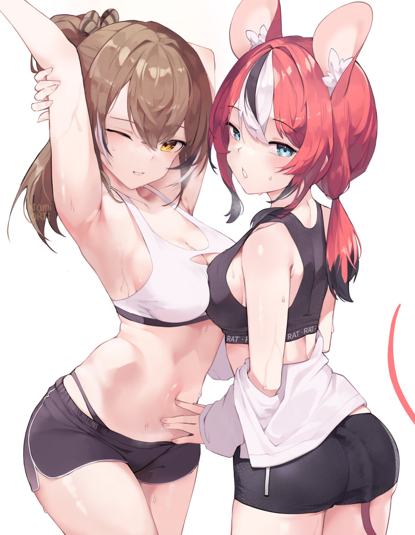 2girls absurdres alternate_costume animal_ears armpits artist_name ass blue_eyes blush breast_press breasts brown_eyes brown_hair cleavage cleavage_cutout clothing_cutout commentary dolphin_shorts english_commentary hair_between_eyes hakos_baelz highres hololive hololive_english low_ponytail medium_breasts medium_hair midriff mouse_ears mouse_girl mouse_tail multicolored_hair multiple_girls namiorii nanashi_mumei navel off_shoulder one_eye_closed open_clothes open_shirt parted_lips ponytail red_hair shorts simple_background sports_bra stomach streaked_hair sweat symmetrical_docking tail tail_under_clothes virtual_youtuber white_background