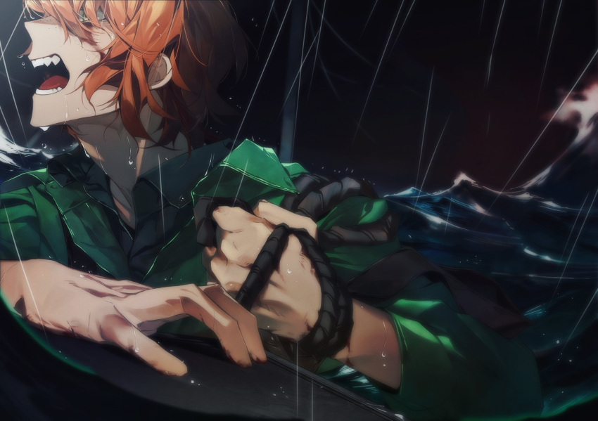 1girl blood blood_on_face freckles green_eyes green_shirt hashtag_only_commentary highres holding holding_rope ishmael_(project_moon) limbus_company open_mouth orange_hair outdoors project_moon rain rope sharp_teeth shirt short_hair shouzuo sidelocks solo teeth water waves wet