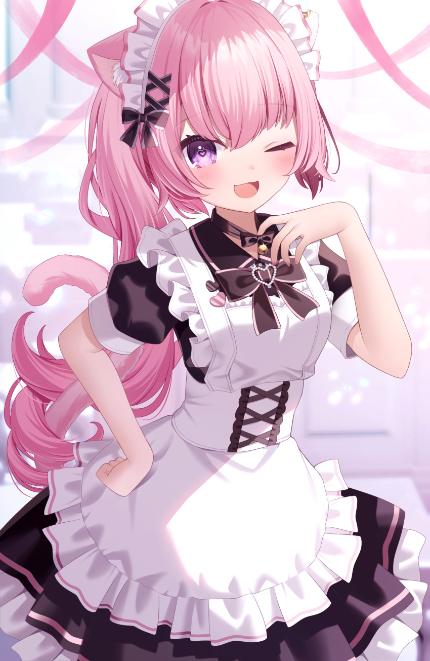 1girl ;d absurdres animal_ear_fluff animal_ears apron black_bow black_dress blush bow breasts cat_ears cat_girl cat_tail collared_dress commentary_request dress frilled_apron frilled_dress frills hair_between_eyes hair_bow hair_ornament hairclip hand_on_own_hip hand_up heart heart-shaped_pupils highres long_hair looking_at_viewer maid maid_apron maid_headdress one_eye_closed original pink_hair pleated_dress ponytail puffy_short_sleeves puffy_sleeves purple_eyes sapphire_(sapphire25252) short_sleeves small_breasts smile symbol-shaped_pupils tail very_long_hair white_apron x_hair_ornament