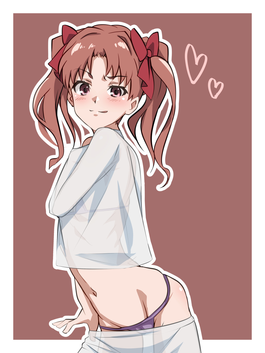 1girl absurdres bikini bikini_under_clothes brown_background brown_eyes brown_hair commission cowboy_shot heart highres long_hair mrpicoo2 pixiv_commission purple_bikini see-through see-through_shirt shirai_kuroko shorts smile solo swimsuit swimsuit_under_clothes toaru_kagaku_no_railgun toaru_majutsu_no_index twintails white_shorts