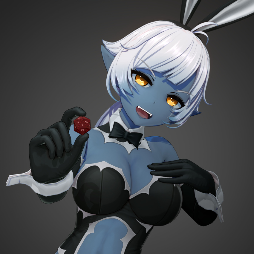 1girl 3d animal_ears anna_anon antenna_hair black_bow black_bowtie black_gloves black_hair black_leotard blue_skin bow bowtie breasts brown_eyes center_opening cleavage colored_skin commentary dark_elf detached_sleeves dice dungeons_and_dragons elbow_gloves elf english_commentary fake_animal_ears fangs gloves highres holding_dice koikatsu_(medium) large_breasts leotard long_hair looking_at_viewer low_ponytail maya_(anna_anon) open_mouth playboy_bunny pointy_ears solo teeth upper_teeth_only white_hair wrist_cuffs