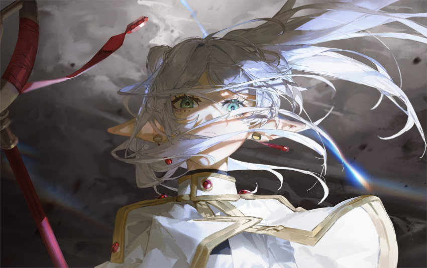 1girl blue_eyes cape capelet closed_mouth cloud cloudy_sky earrings eyelashes frieren grey_hair hair_between_eyes highres jewelry lightning long_hair looking_at_viewer quasarcake sky solo sousou_no_frieren staff twintails upper_body very_long_hair white_cape white_hair wind