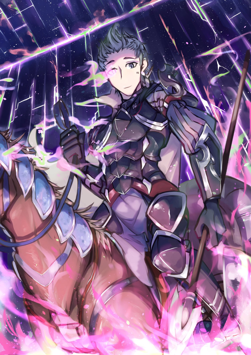 1boy armor barding collared_cape fire_emblem fire_emblem_fates green_eyes grey_hair highres holding holding_polearm holding_weapon horse horseback_riding male_focus polearm quiff riding shoulder_armor silas_(fire_emblem) weapon zuyuu_(zghost57)