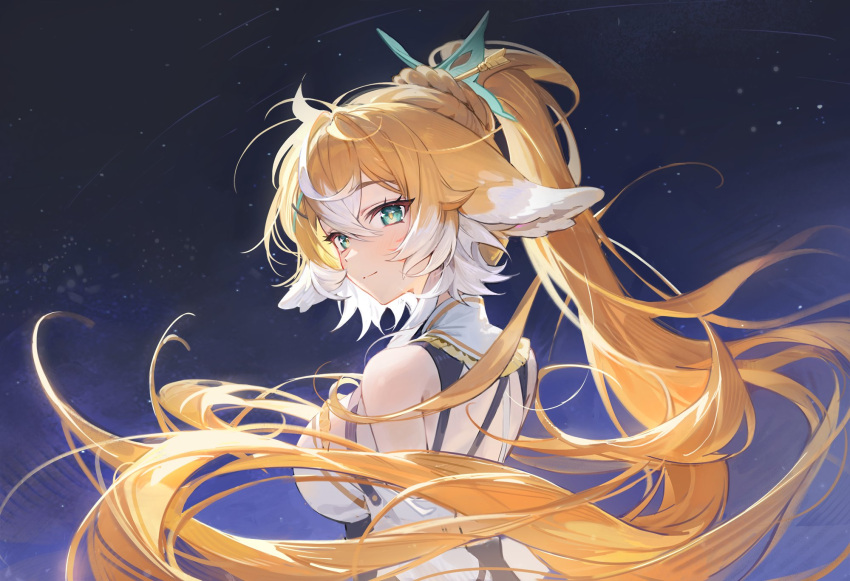 1girl animal_ears aqua_eyes arrow_hair_ornament blonde_hair braid breasts closed_mouth clothing_cutout cowlick facial_mark fox_ears fox_girl frills hair_between_eyes hair_ornament hansum highres indie_virtual_youtuber konoobi_(vtuber) long_hair multicolored_hair night night_sky ponytail shoulder_cutout sky solo sparkling_eyes two-tone_hair upper_body virtual_youtuber whisker_markings white_hair