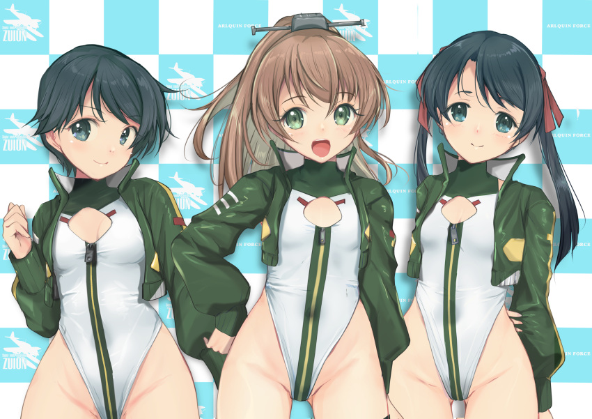 3girls adapted_costume aircraft airplane alice_gear_aegis alternate_costume black_hair blue_eyes breasts brown_hair character_name checkered_background circle_cutout cleavage_cutout clothing_cutout commentary_request companion/af covered_collarbone e16a_zuiun feet_out_of_frame front_zipper full-length_zipper green_eyes green_jacket hair_ornament hair_ribbon highleg highleg_leotard highres jacket kantai_collection kumano_(kancolle) leotard long_hair mikuma_(kancolle) mogami_(kancolle) multiple_girls race_queen ribbon short_hair silhouette sleeveless_turtleneck_leotard small_breasts smile swept_bangs thigh_gap turtleneck_leotard twintails two-tone_leotard white_leotard yashin_(yasinz) zipper zipper_leotard zipper_pull_tab